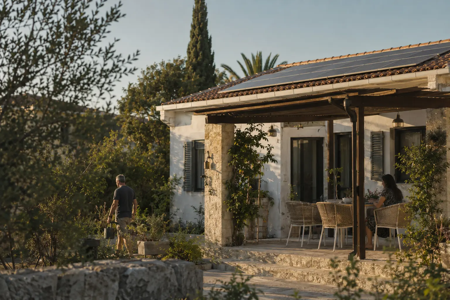 A Cyprus stone house at golden hour with panels on the roof, one person watering the garden and another at the table under the pergola.
