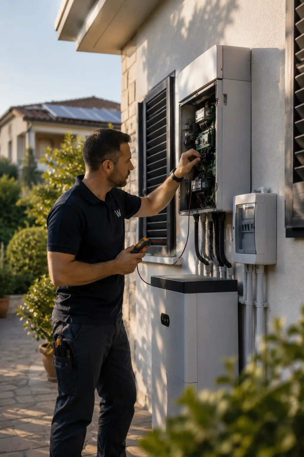 A NorthWatt technician testing the connections inside an inverter on the wall of a Cyprus house, with the battery mounted below it.