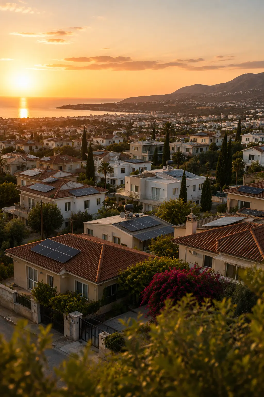 Rooftops across a Cyprus hillside at sunset with solar panels on many of them, the sea and the mountains beyond.