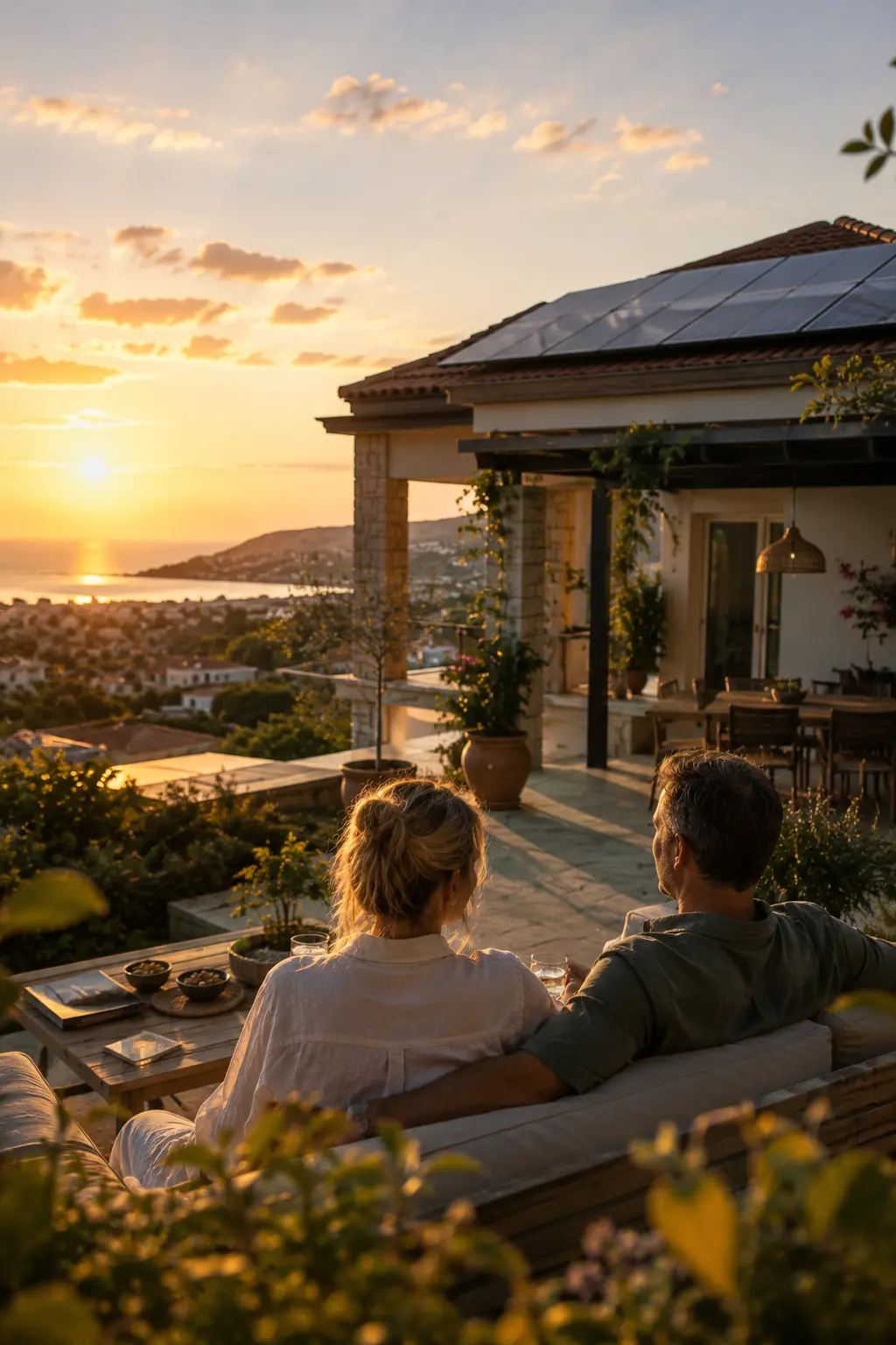 A couple on their terrace at sunset looking out over the coast, their panelled roof behind them.