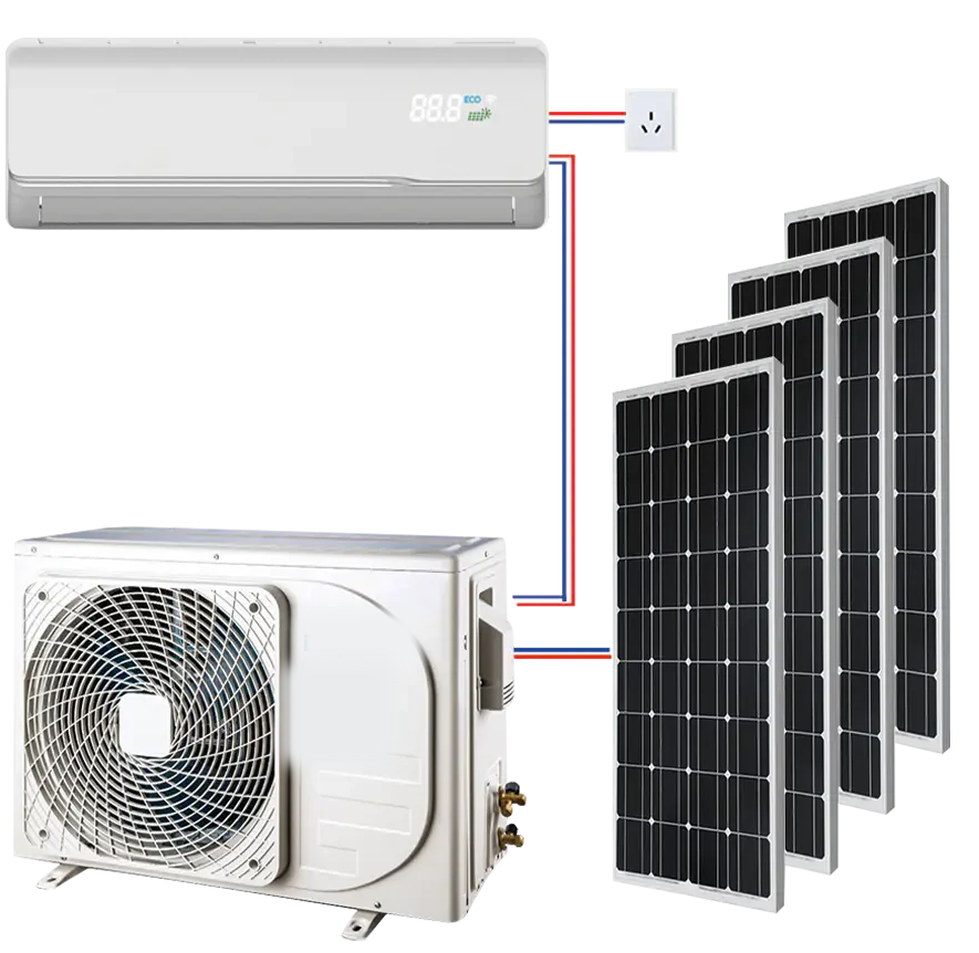 A wiring diagram: a row of solar panels connects to the outdoor unit, the outdoor unit connects to the indoor wall unit, and a wall socket connects as the second supply.