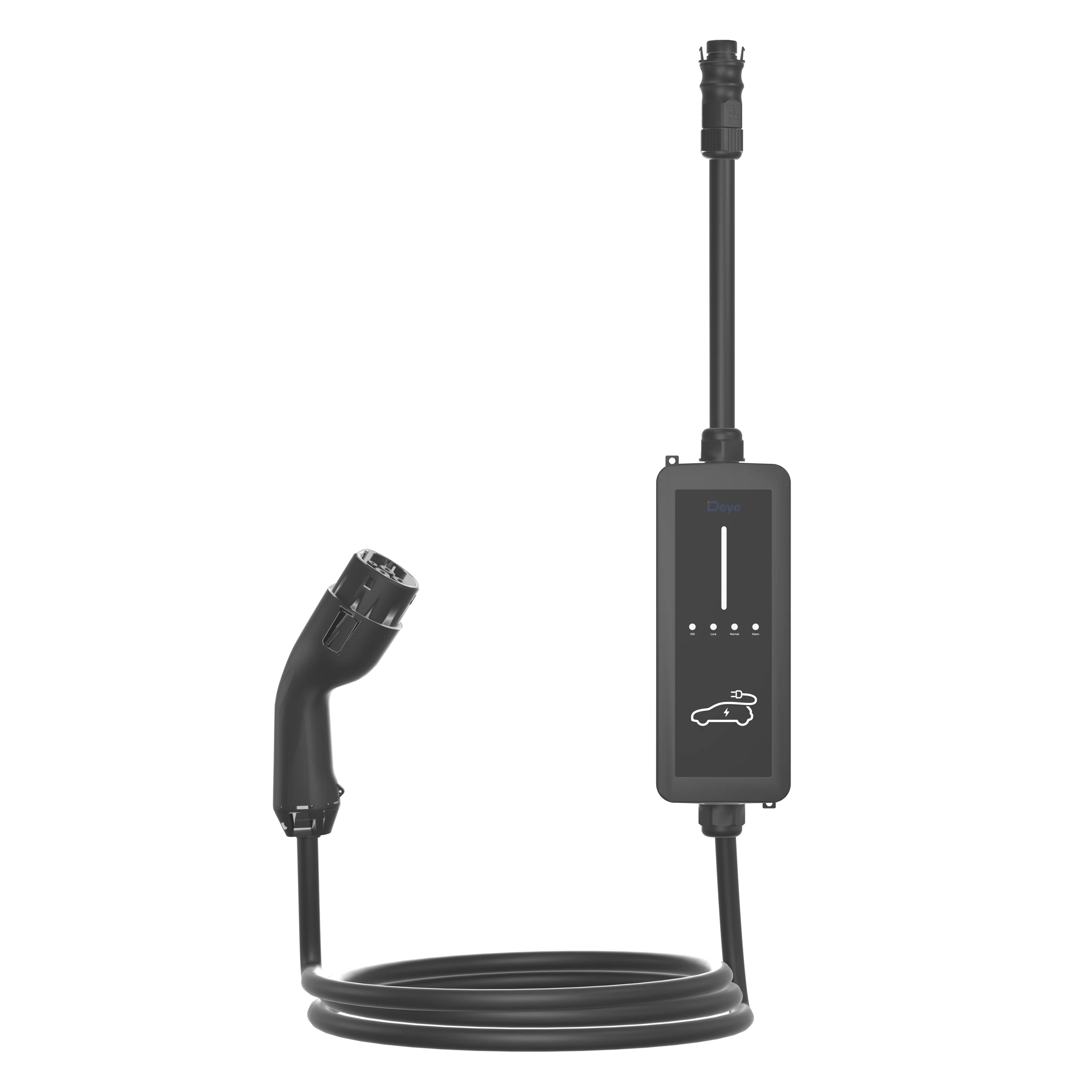 The Deye charge point, cut out, with its cable coiled and a Type 2 connector.