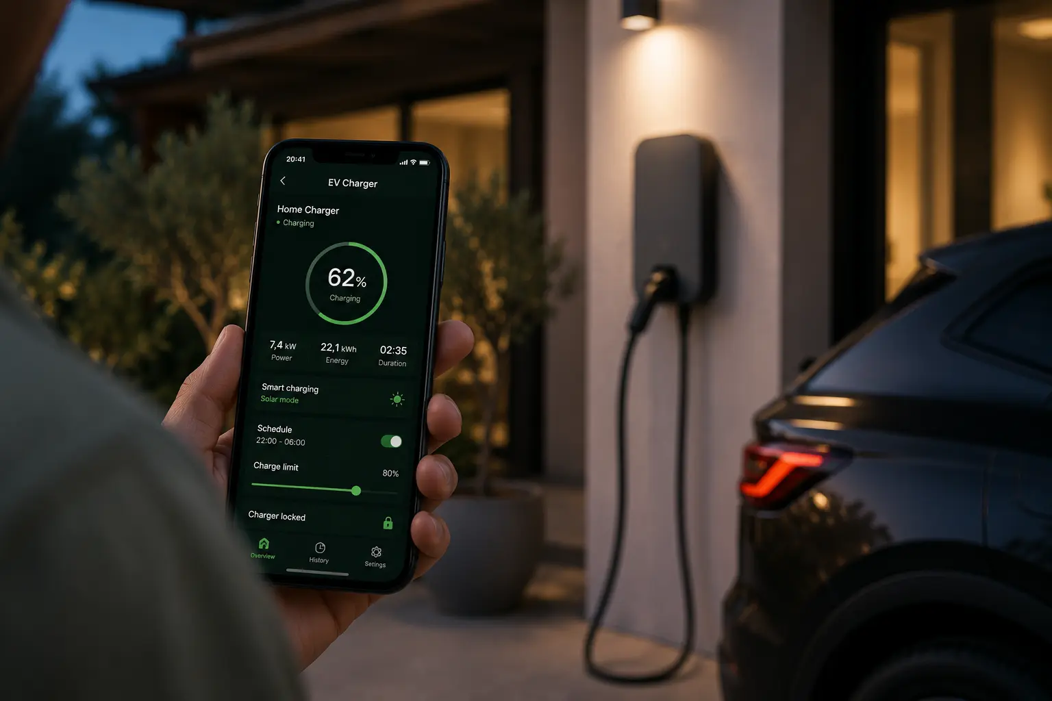 A phone showing a charge in progress at 62 per cent, with solar mode and an overnight schedule set, held in front of a charge point and a car at dusk.