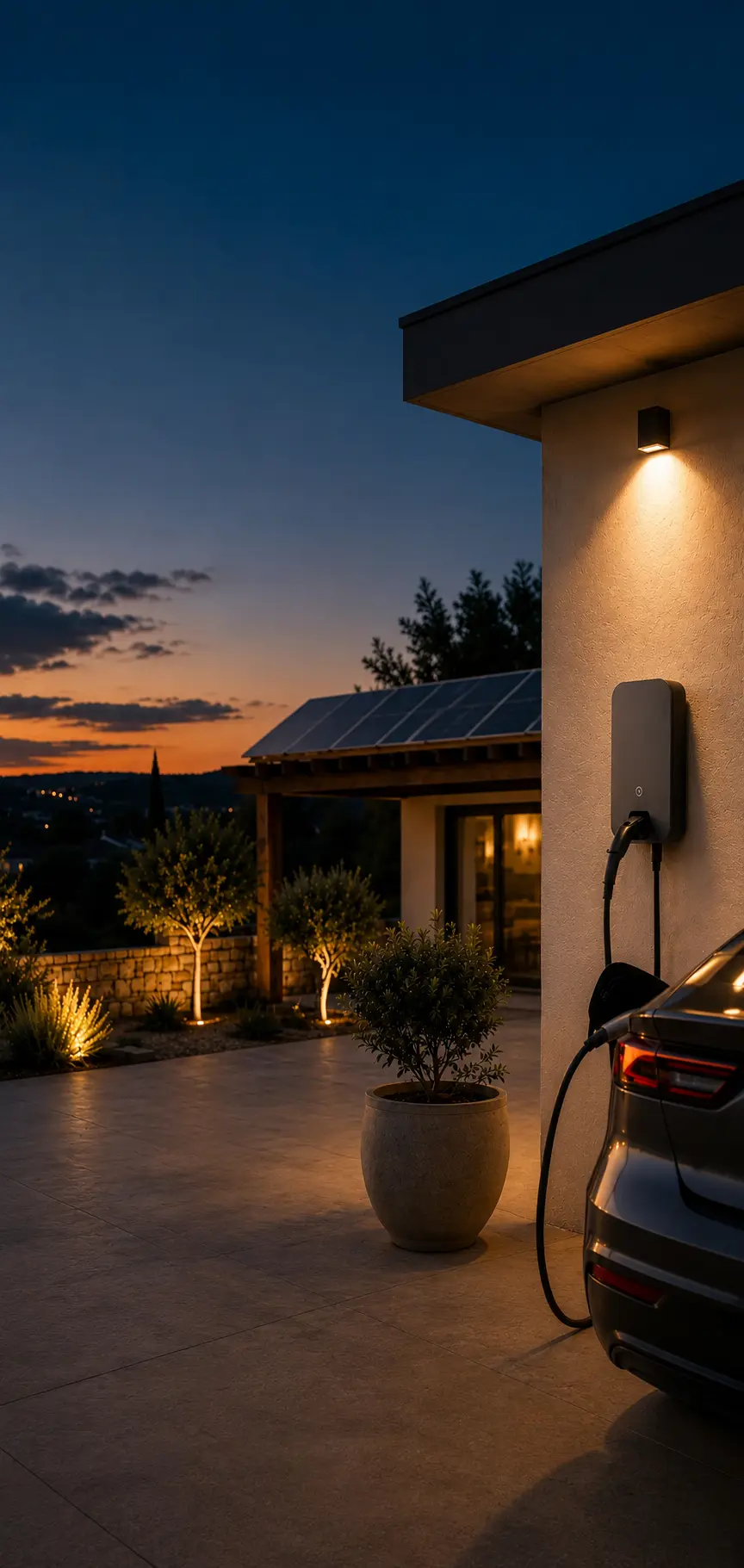 A charge point on the wall of a Cyprus house at dusk with the cable running to a car, the panelled roof and the sunset over the valley behind it.