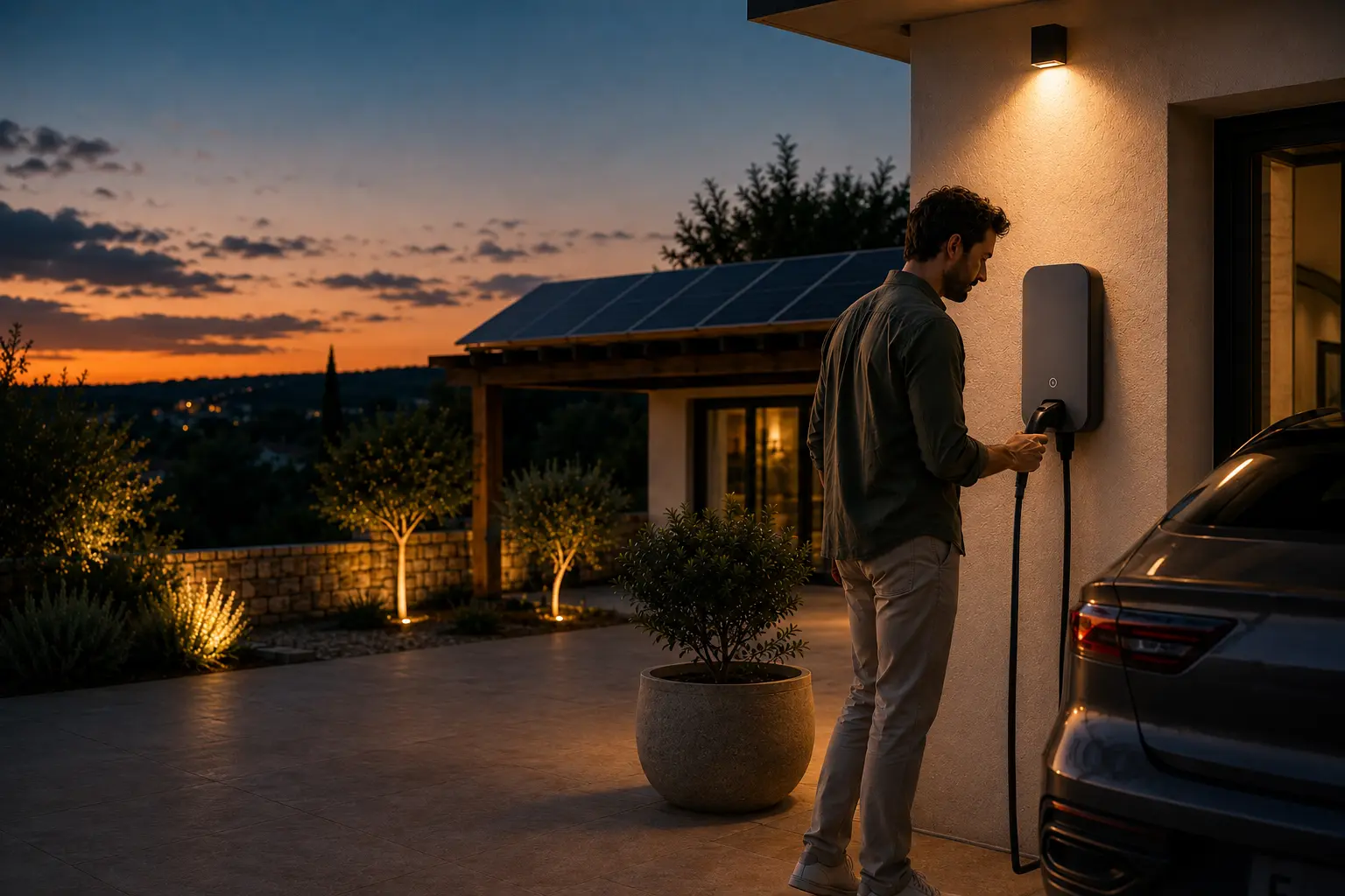 A man plugging his car in at a wall-mounted charge point outside a Cyprus house at dusk, with solar panels on the roof behind him and the valley lights below.