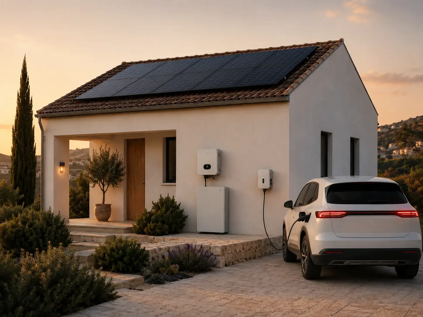 A Cyprus house at sunset with panels on the roof, the inverter and battery on the wall, and the charge point beside them with the cable running to a car on the drive.