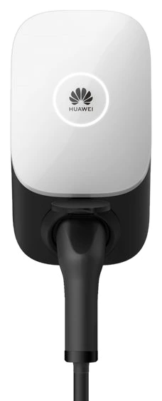The Huawei charge point, cut out, a white wall unit with the cable leaving the underside.