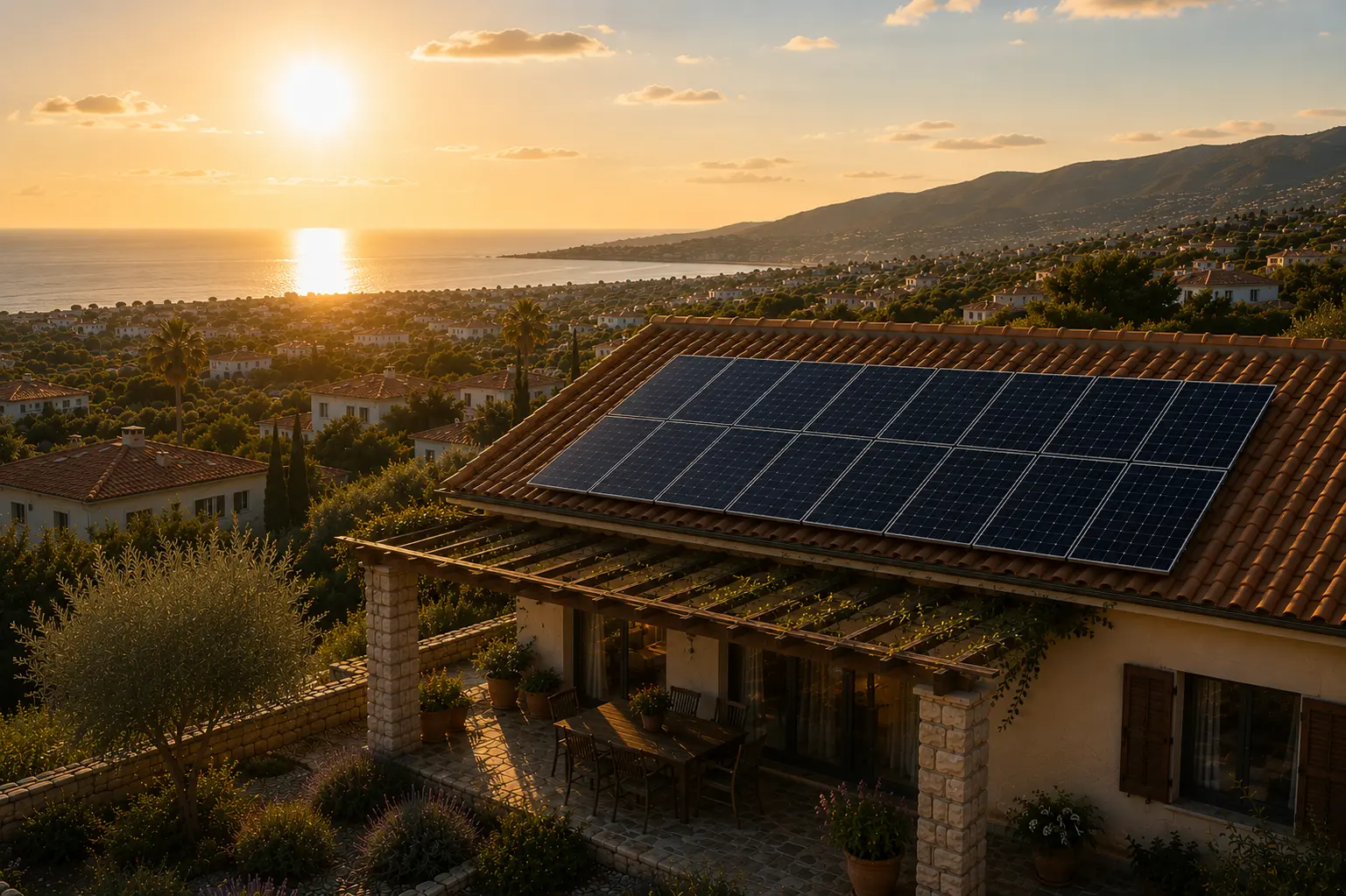 Solar panels covering the tiled roof of a house on a Cyprus hillside at sunset, with the town and the sea below and the sun low over the water.