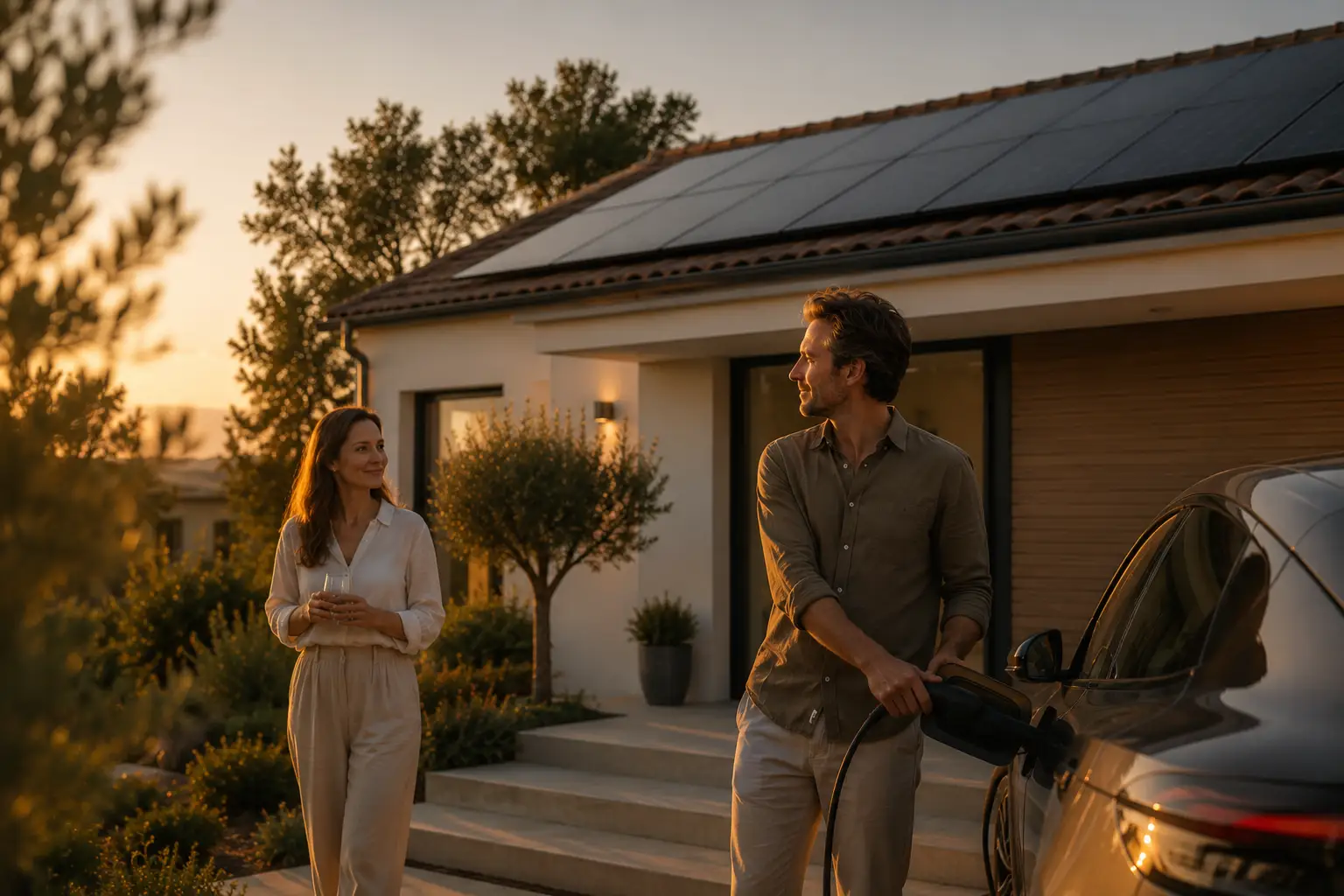 A couple outside their Cyprus home in the late afternoon, panels covering the roof above them.