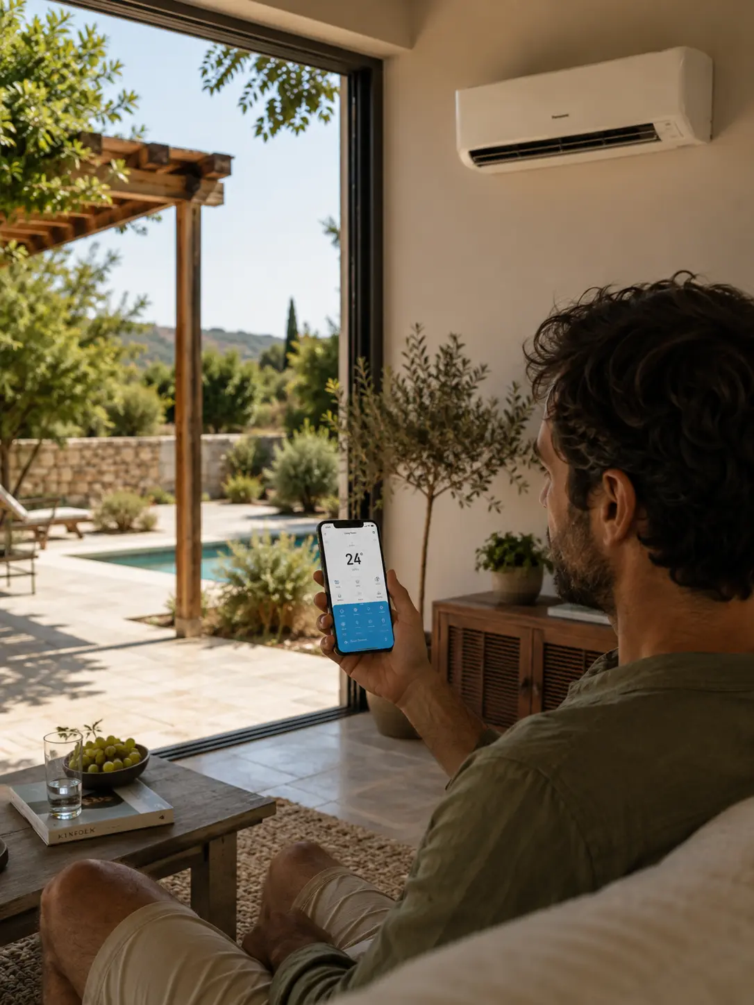 A man sitting on a sofa in a Cyprus living room holding a phone with the air conditioning app open, the wall-mounted unit behind him and the pool through the open doors.