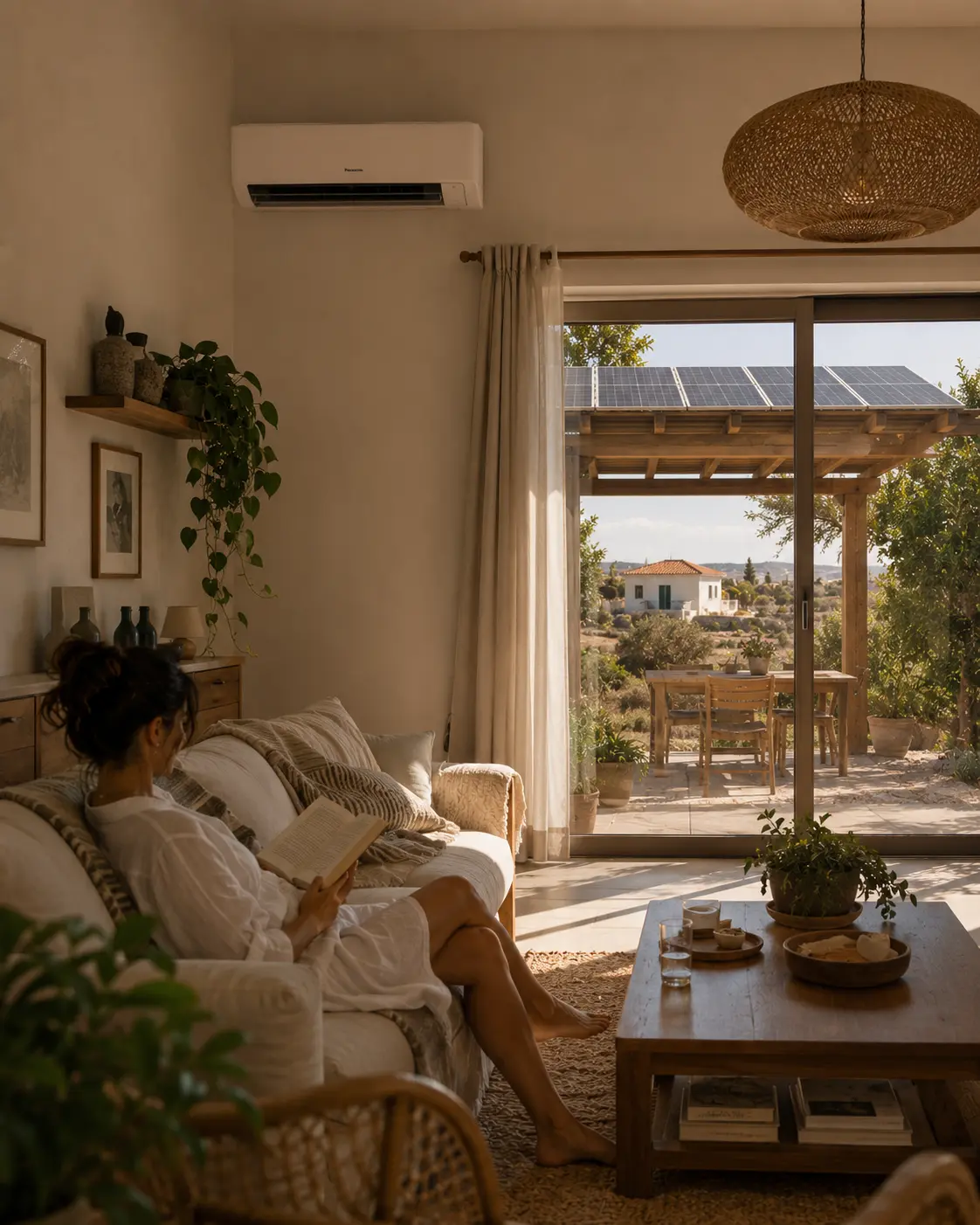 A woman reading on a sofa in a sunlit Cyprus living room, a wall-mounted air conditioning unit above her and solar panels on the pergola outside.