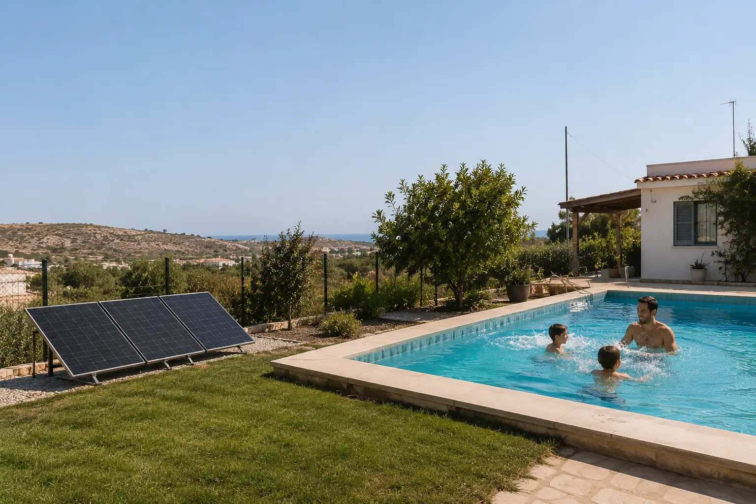 A father and two children playing in the pool of a Cyprus house on a summer afternoon, with a row of solar panels on the lawn beside it.