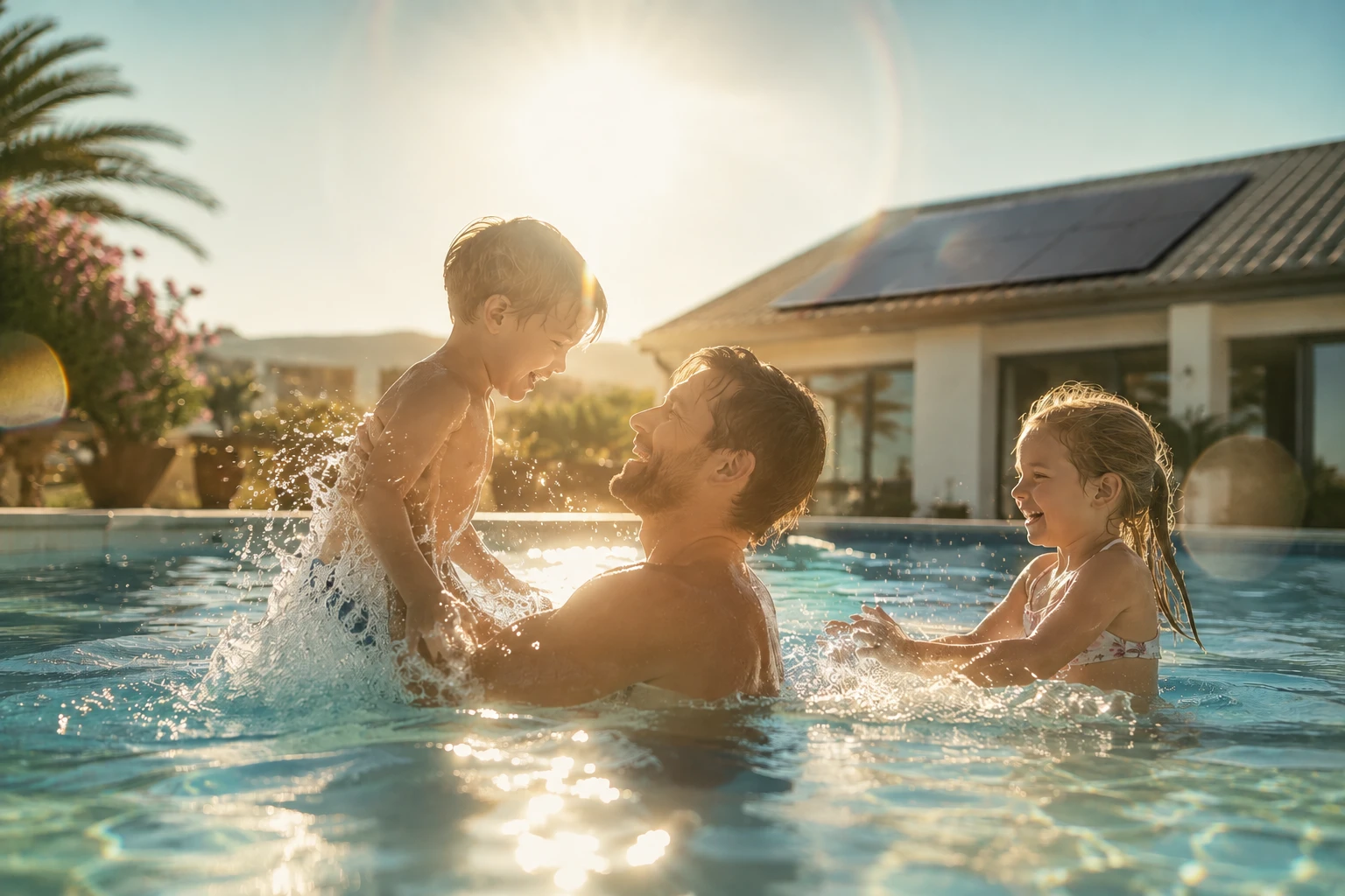 A father and two children playing in a swimming pool in the afternoon sun, a house with rooftop solar panels behind them.
