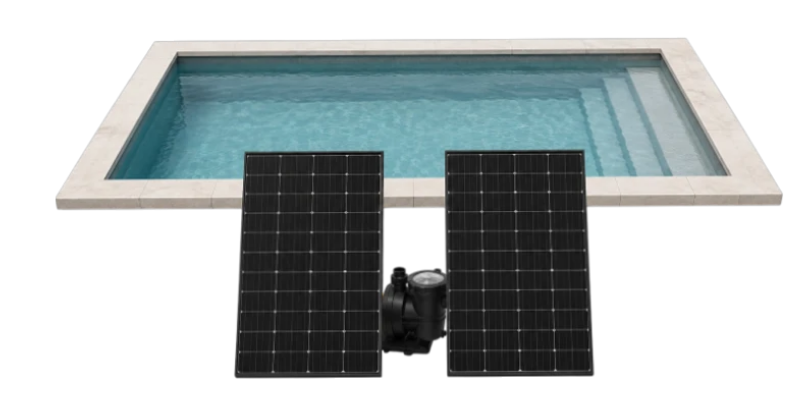 A swimming pool with two solar panels standing beside it and a pool pump between them.
