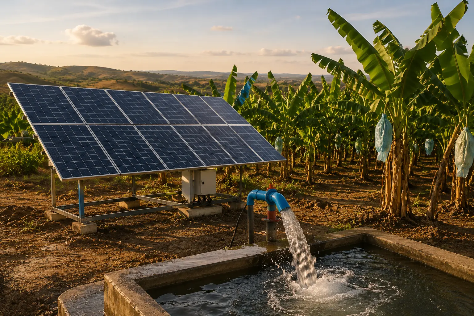 Ground-mounted solar panels with the controller beside them, feeding a pump that is filling an open concrete tank on a smallholding.